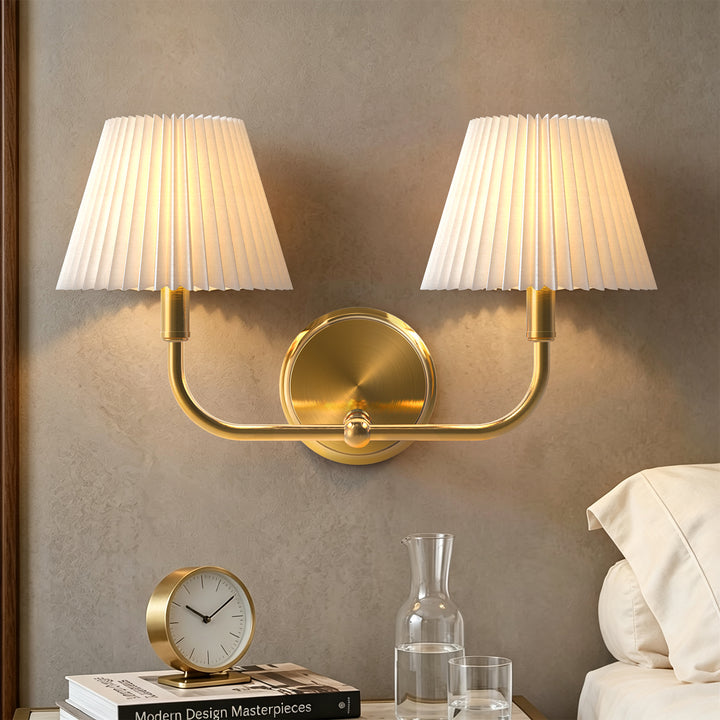Glow Brass Armed Sconce With White Linen Shade #39006
