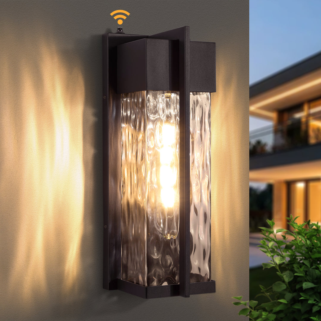 Natura 1 - Light(Bulb Include) 𝟭𝟴-𝗜𝗡𝗖𝗛 Matte Black Iron and Water Ripple Glass Outdoor Wall Light with Dusk to Dawn #7062