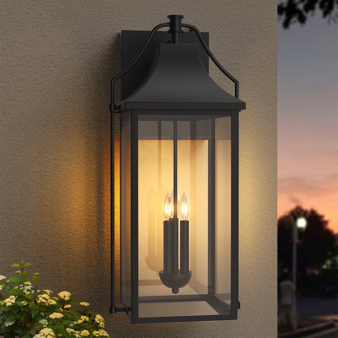Lawyettle 25" Large Outdoor Wall Lantern, Dusk to Dawn Black 3-Light Sconce with Glass for Front Door, Garage, Porch #7040