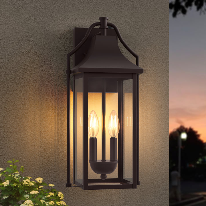 Lawyettle 18" Outdoor Wall Lantern with Dusk to Dawn Sensor, 2-Light Waterproof Brown Wall Sconce with Glass for Porch, Garage, Front Door, Patio #7040