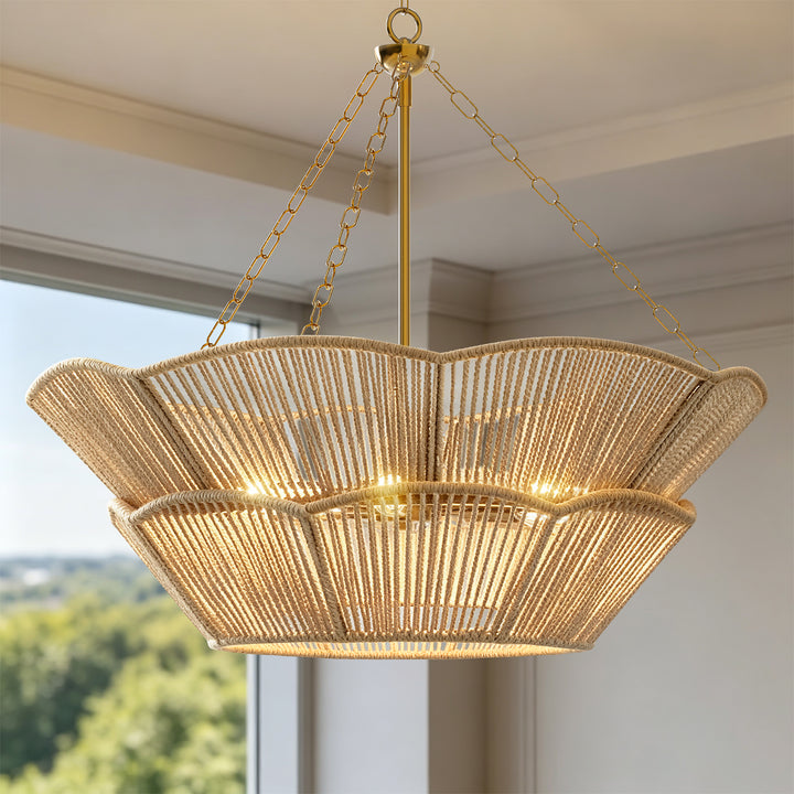 Shine 32" Polished Brass Tiered Drum Chandelier with Hand Woven Rope Shade for Dining Room & Bedroom #48010