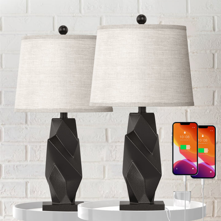 24.5'' Black Resin Modern Glam Table Lamp Set With Usb (Set of 2)