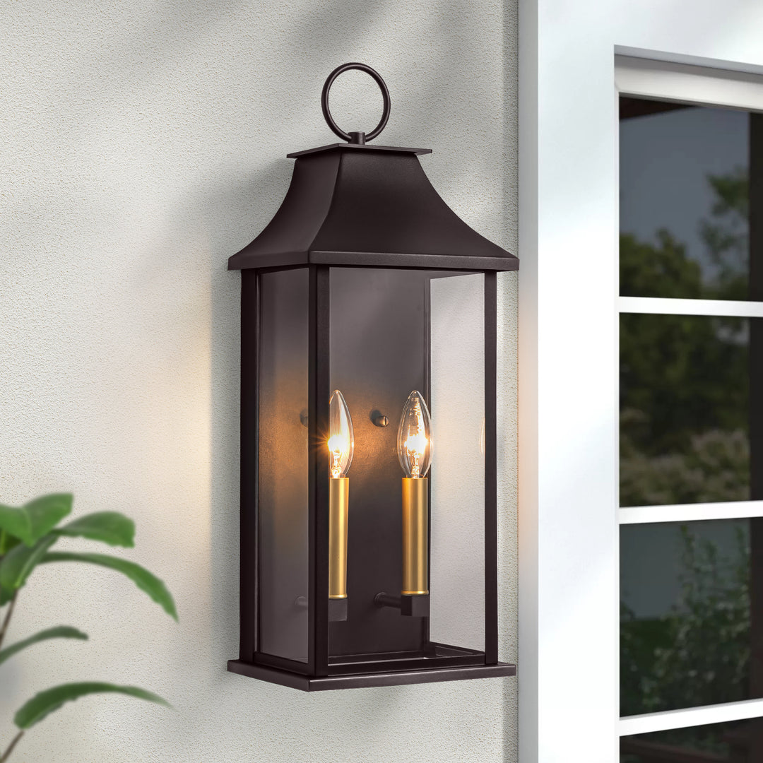 Montpelier Dusk to Dawn Outdoor Wall Lantern 2-Light, 21" Large Outside Wall Sconce, Modern Black Wall Light Fixture with Glass, Waterproof Exterior Lamp for House, Porch, Garage #MX7008