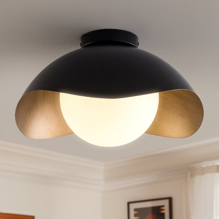 Nimbus 15.5" 1-Light Modern Globe Flush Mount Ceiling Light With Opal Glass, Matte Black/White Exterior & Gold Interior Shell-Style Dimmable Shade For Bedroom Or Hallway #29029