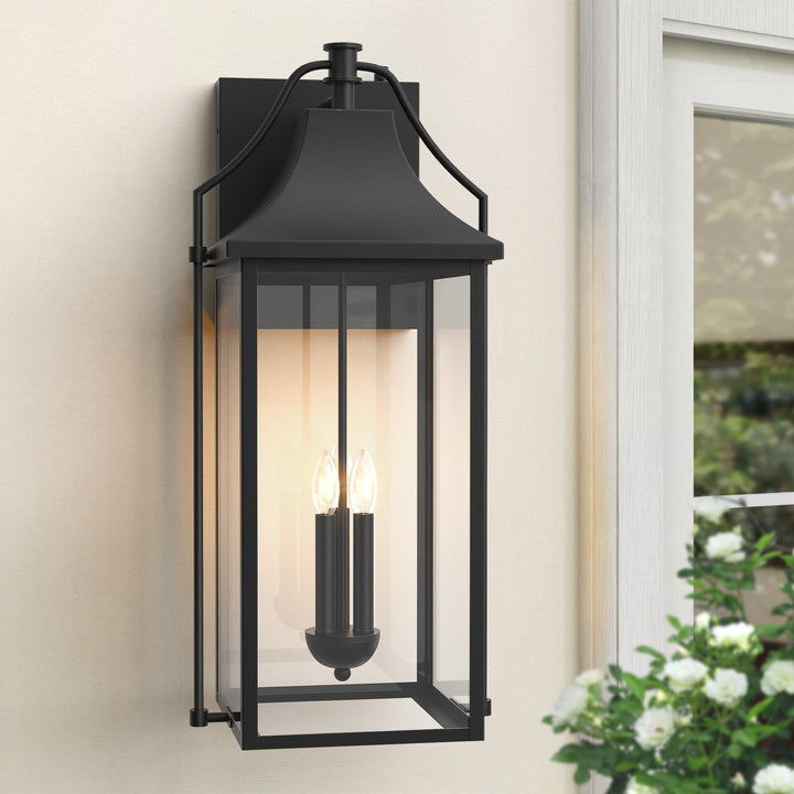 Lawyettle 25" Large Outdoor Wall Lantern, Dusk to Dawn Black 3-Light Sconce with Glass for Front Door, Garage, Porch #7040