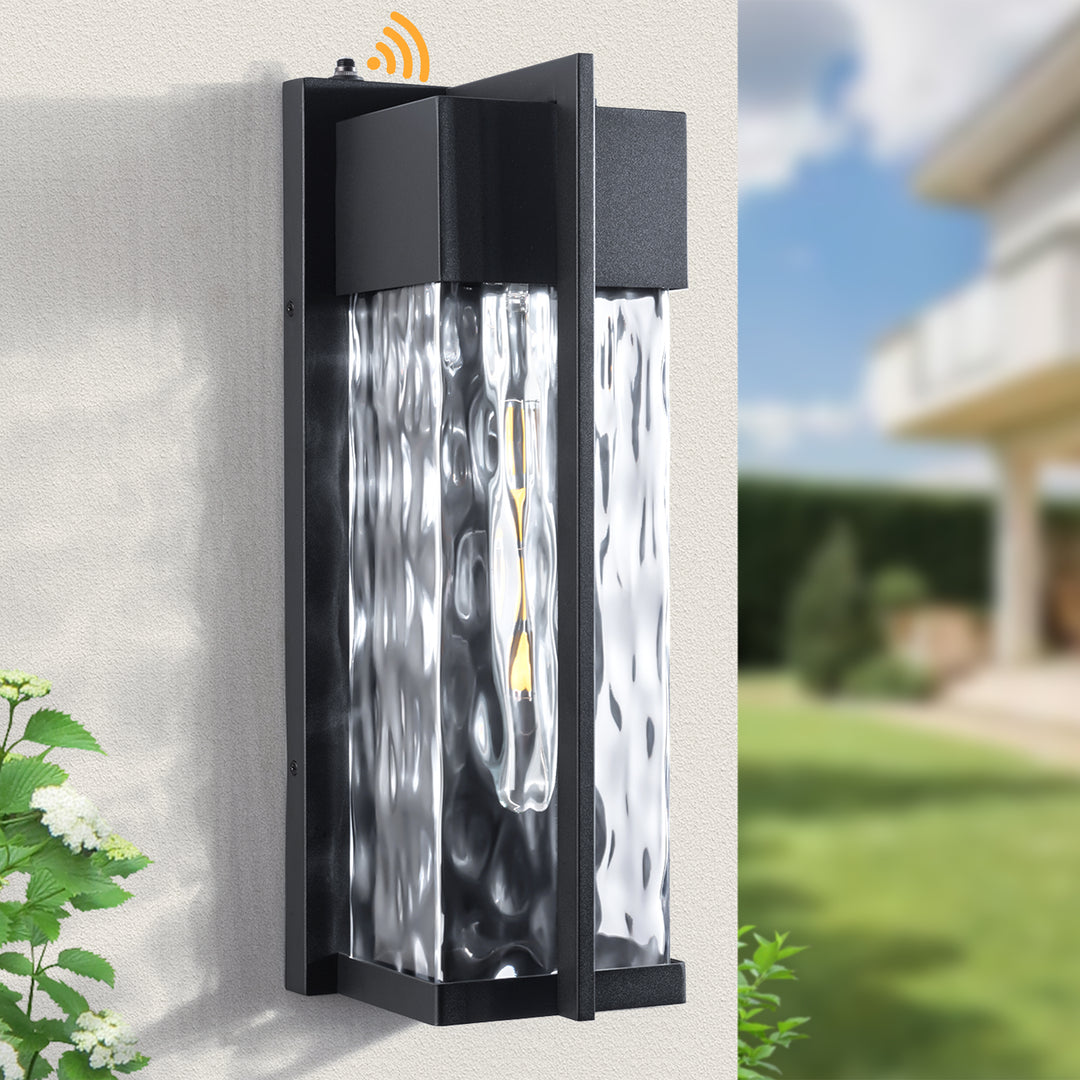 Solstice 1 - Light(Bulb Include) 𝟭𝟴-𝗜𝗡𝗖𝗛 Matte Black Iron and Water Ripple Glass Outdoor Wall Light with Dusk to Dawn #7062