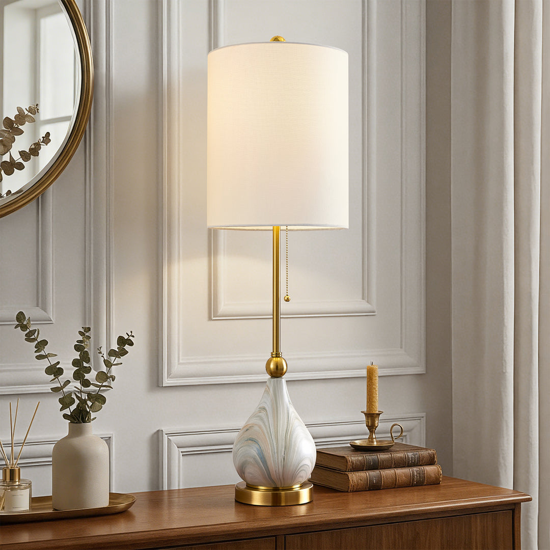 33" Modern Glam Ceramic Table Lamp With Pre-assembled Shade And Pull Chain For Bedroom Living Room #T293