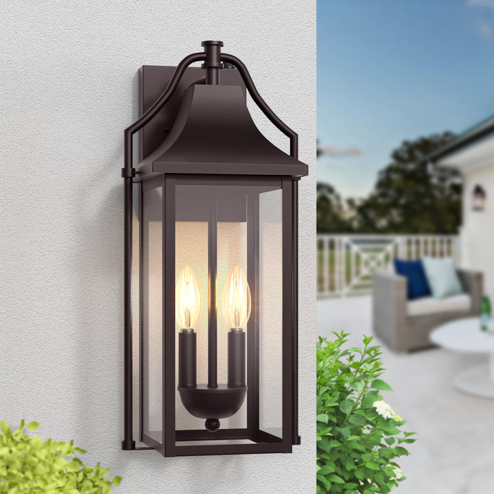 Lawyettle 18" Outdoor Wall Lantern with Dusk to Dawn Sensor, 2-Light Waterproof Brown Wall Sconce with Glass for Porch, Garage, Front Door, Patio #7040