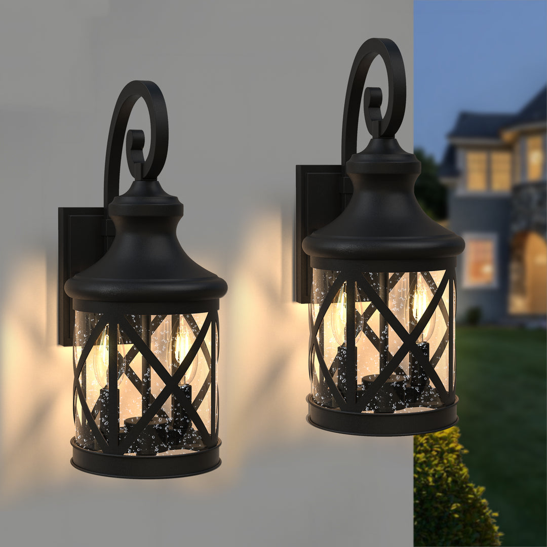 2 - Light 17''H Black Iron and Aluminum Seeded Glass Etl Outdoor Wall Lantern with Dusk to Dawn #7017