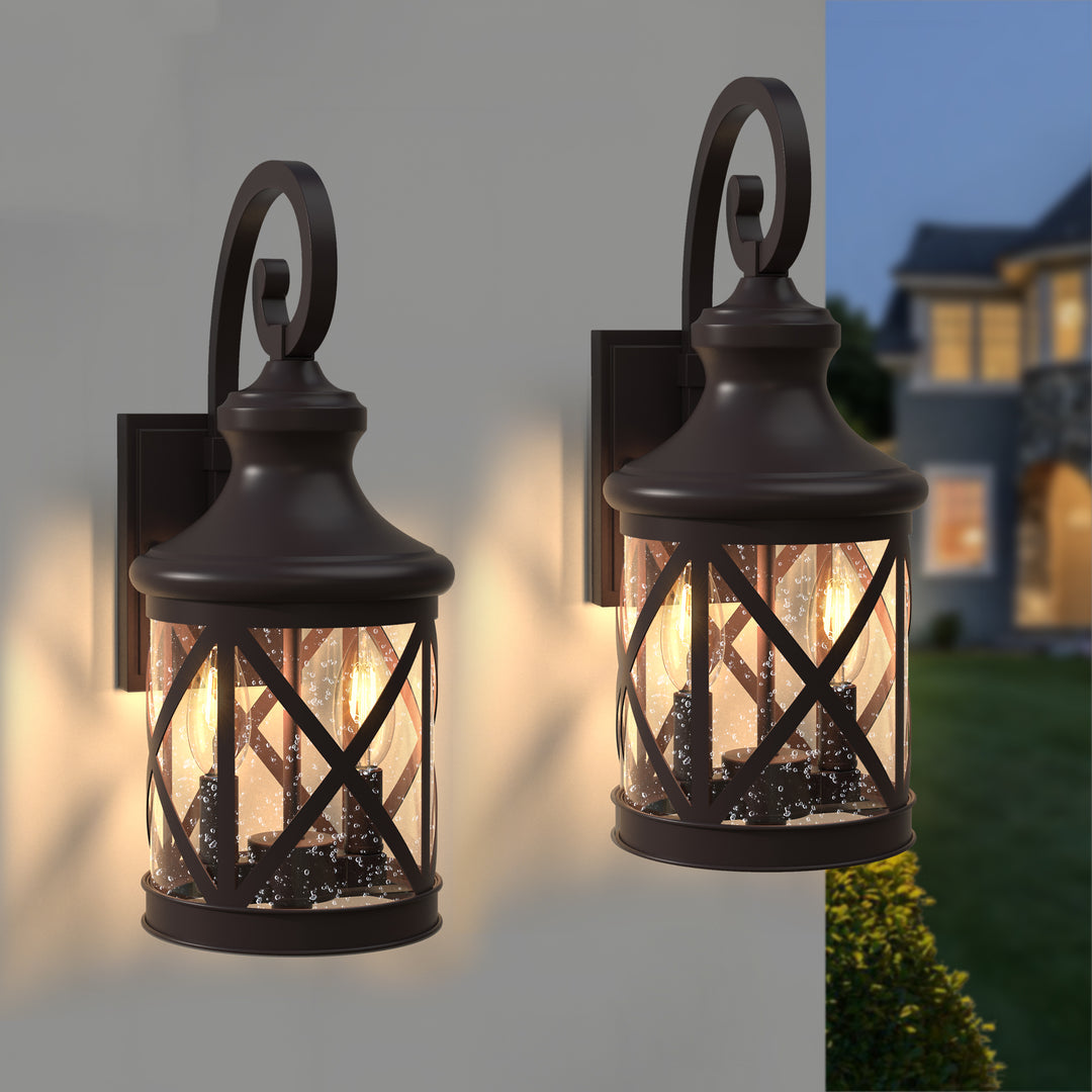 2 - Light 17''H Black Iron and Aluminum Seeded Glass Etl Outdoor Wall Lantern with Dusk to Dawn #7017