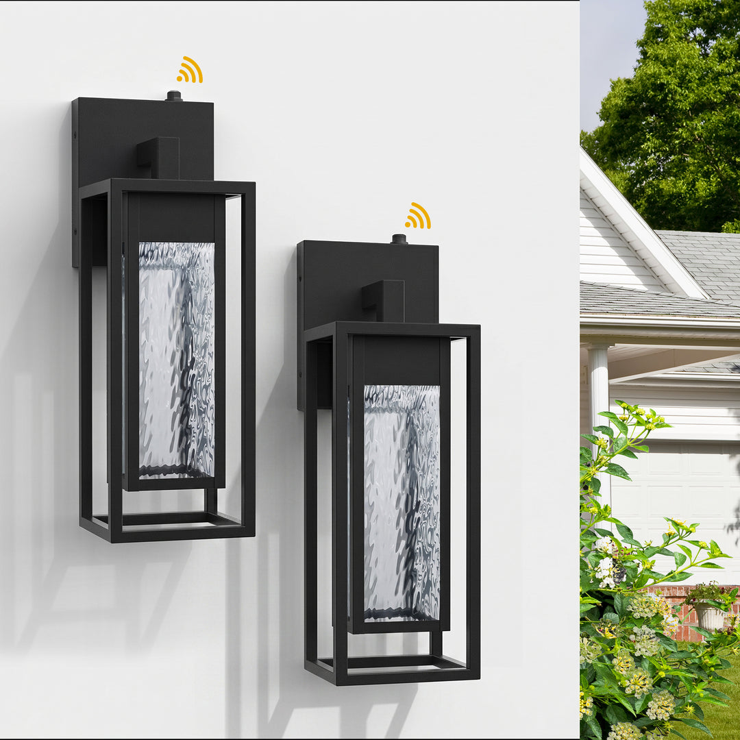Natura 1 - Light 15''H Dimmable Led Black Iron And Water Ripple Glass Outdoor Wall Light With Dusk To Dawn #7061