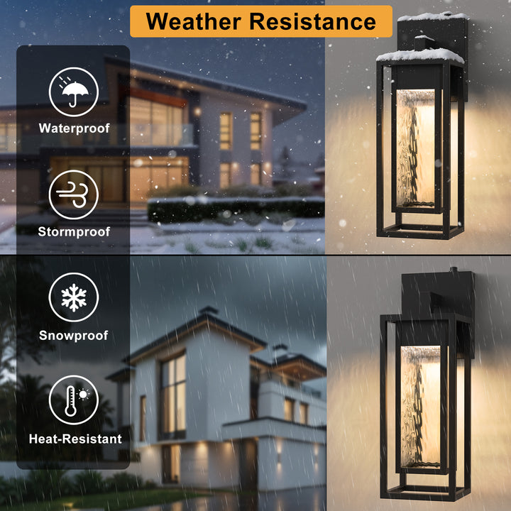 1 - Light 15''H Dimmable Led Black Iron And Water Ripple Glass Outdoor Wall Light With Dusk To Dawn #7061