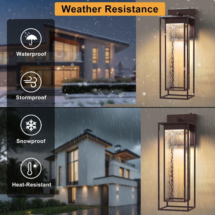 Natura 1 - Light 15''H Dimmable Led Black Iron And Water Ripple Glass Outdoor Wall Light With Dusk To Dawn #7061