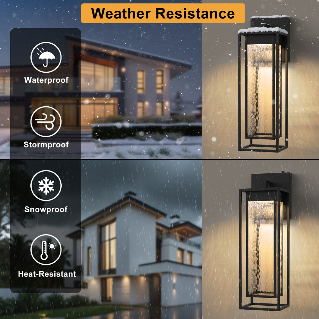 1 - Light 15''H Dimmable Led Black Iron And Water Ripple Glass Outdoor Wall Light With Dusk To Dawn #7061
