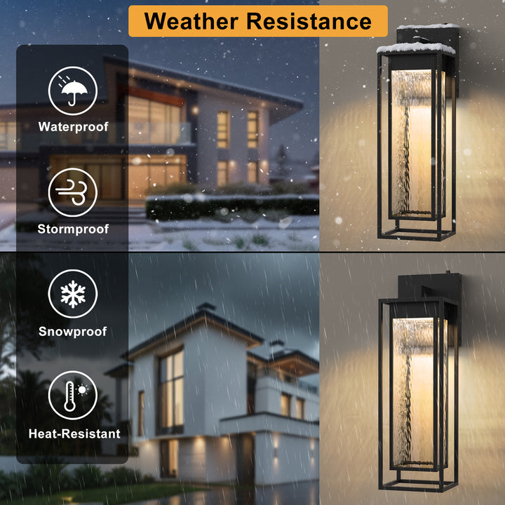1 - Light 15''H Dimmable Led Black Iron And Water Ripple Glass Outdoor Wall Light With Dusk To Dawn #7061
