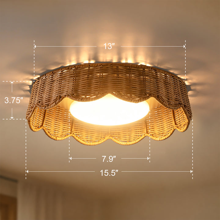 16" Boho Rattan LED Flush Mount Ceiling Light, Dimmable Polished Brass #48011
