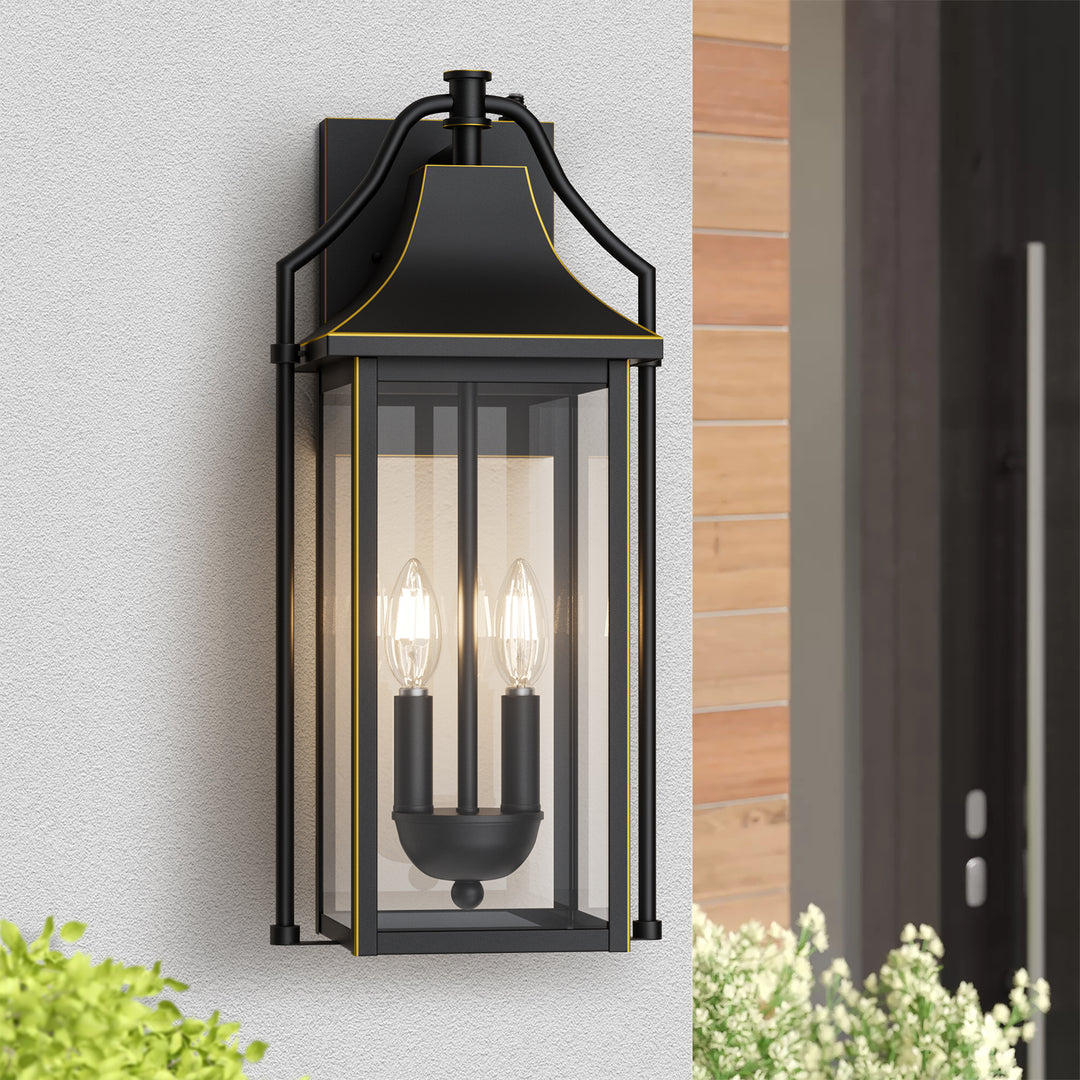 Lawyettle 18" Outdoor Wall Lantern with Dusk to Dawn Sensor, 2-Light Waterproof Brown Wall Sconce with Glass for Porch, Garage, Front Door, Patio #7040