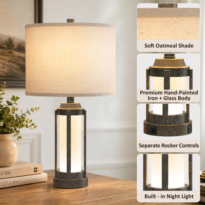 24″ Modern Farmhouse Glass Table Lamps with Night Light & USB-C, Set of 2 #T291