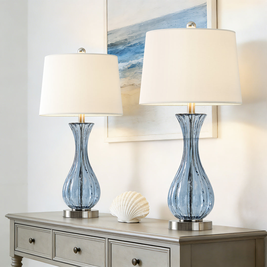 Maxax Coastal Glass Table Lamps Set of 2，Modern 25.5" Clear Glass Bedside Lamps with White Shade for Bedroom Living Room #T78