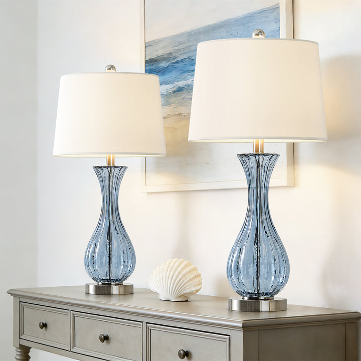 Maxax Coastal Glass Table Lamps Set of 2，Modern 25.5" Clear Glass Bedside Lamps with White Shade for Bedroom Living Room #T78