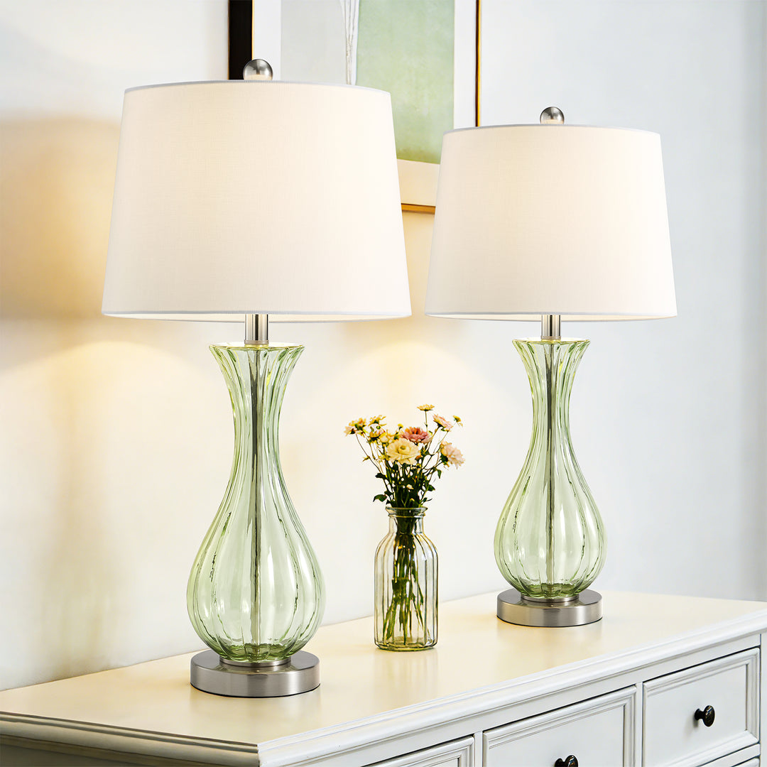 Maxax Coastal Glass Table Lamps Set of 2，Modern 25.5" Clear Glass Bedside Lamps with White Shade for Bedroom Living Room #T78