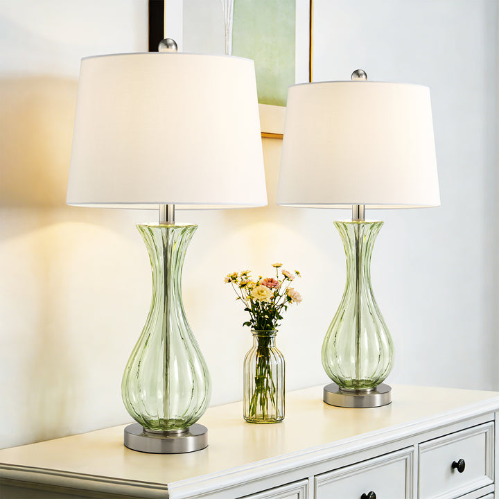 Maxax Coastal Glass Table Lamps Set of 2，Modern 25.5" Clear Glass Bedside Lamps with White Shade for Bedroom Living Room #T78