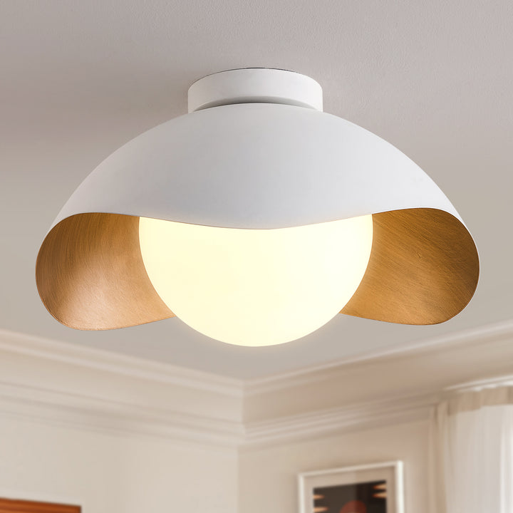Nimbus 15.5" 1-Light Modern Globe Flush Mount Ceiling Light With Opal Glass, Matte Black/White Exterior & Gold Interior Shell-Style Dimmable Shade For Bedroom Or Hallway #29029