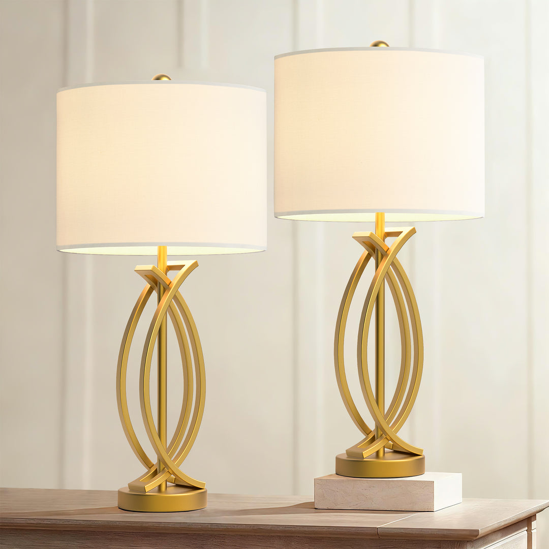 Maxax 26" Creative Black Metal Table Lamp Set of 2 with White Fabric Drum Shade #T81