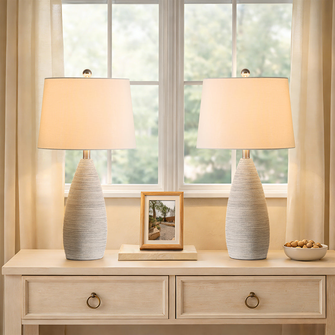 Shimmer 26.5" Farmhouse Traditional Resin Table Lamp, Assembled Linen Shade And Rotary Switch Bedside Lamps For Bedroom And Living Room (Set of 2) #T276