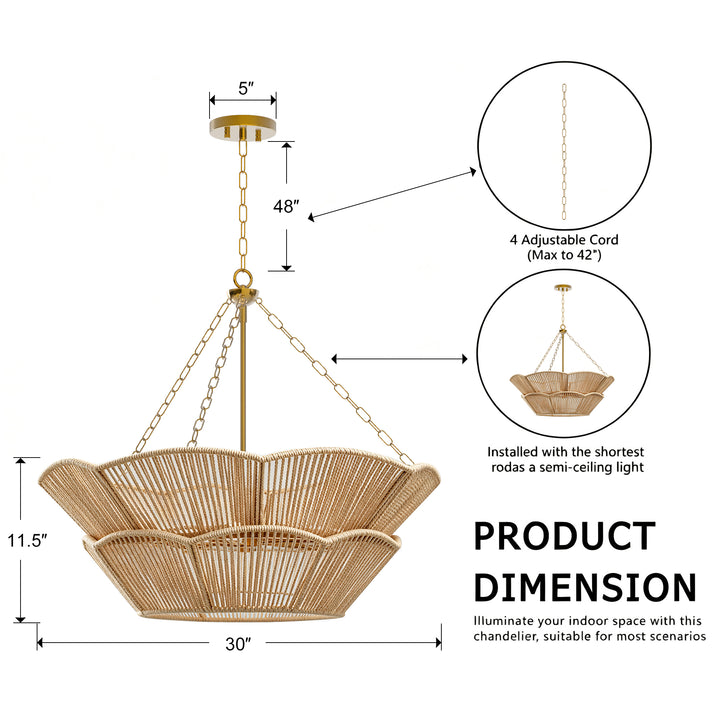 Shine 32" Polished Brass Tiered Drum Chandelier with Hand Woven Rope Shade for Dining Room & Bedroom #48010