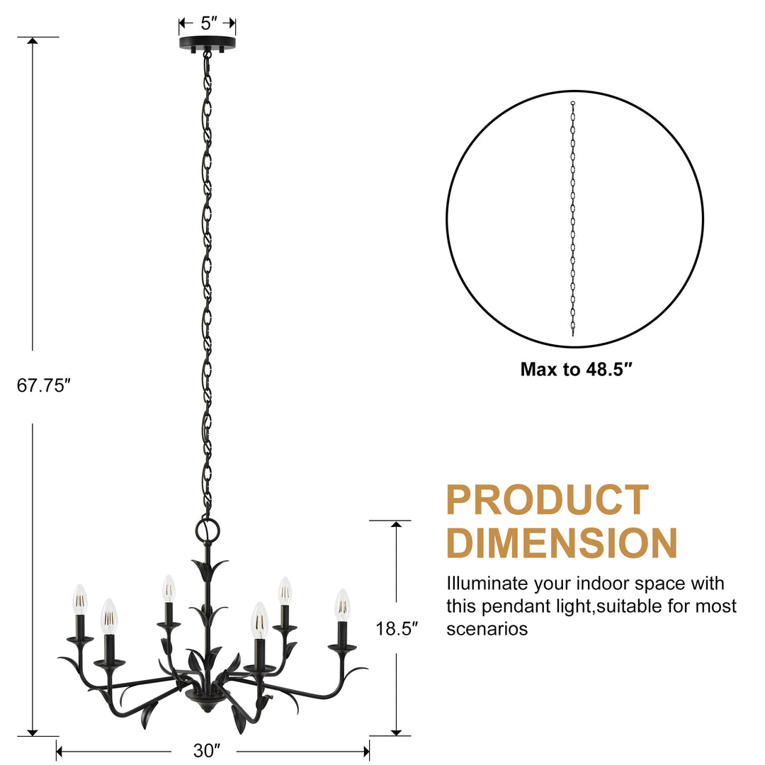 30" 6-Light Matte Black Candle Style Chandelier for Dining Room & Living Room #48009