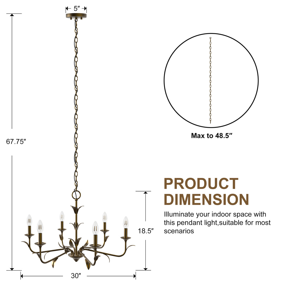 30" 6-Light Matte Black Candle Style Chandelier for Dining Room & Living Room #48009