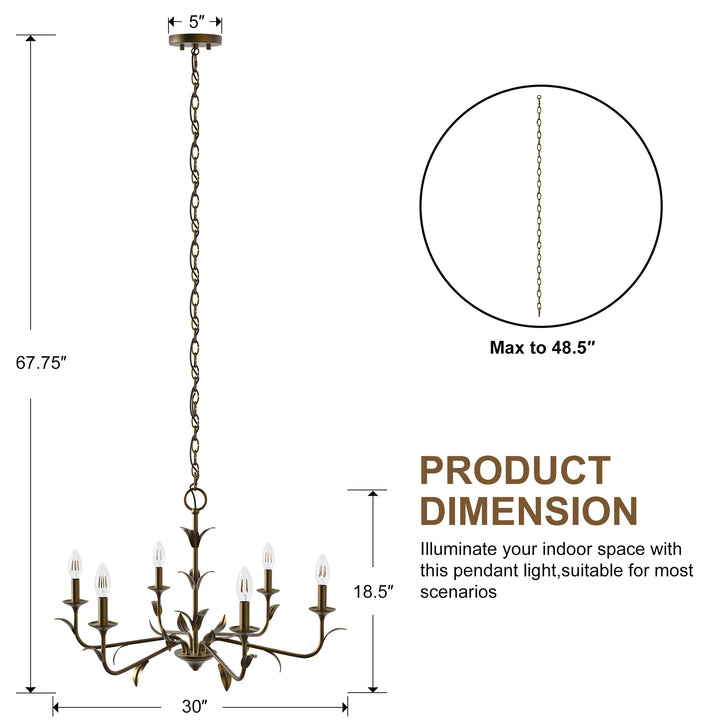 30" 6-Light Matte Black Candle Style Chandelier for Dining Room & Living Room #48009
