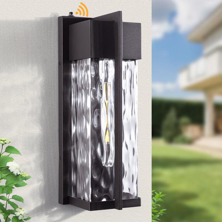 Natura 1 - Light(Bulb Include) 𝟭𝟴-𝗜𝗡𝗖𝗛 Matte Black Iron and Water Ripple Glass Outdoor Wall Light with Dusk to Dawn #7062