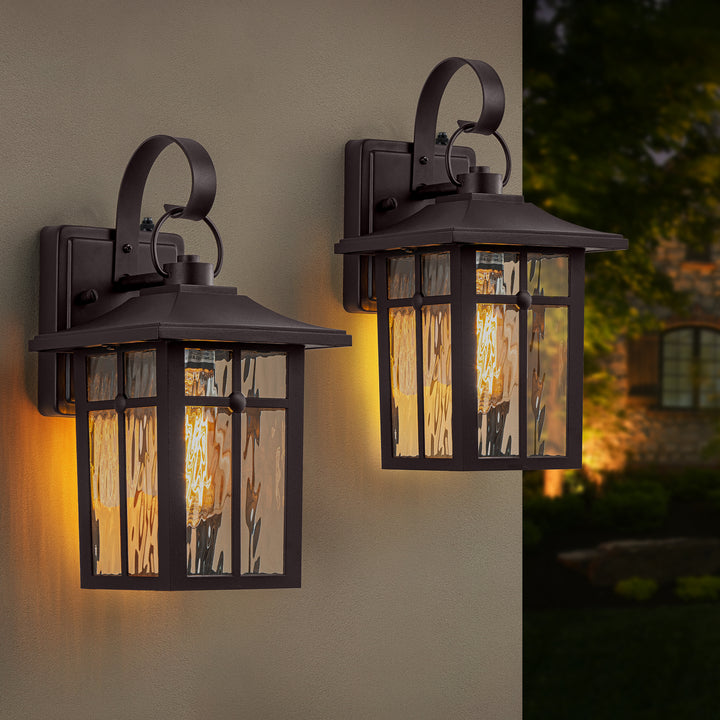 Maxax 2 Pack Dusk to Dawn Outdoor Wall Lights, Exterior Light Fixtures Wall Mount with Ripple Glass, Waterproof Black Porch Lights, Outside Wall Lantern for Entryway, Garage, Patio #MX7003