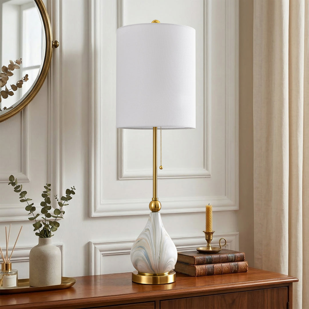 33" Modern Glam Ceramic Table Lamp With Pre-assembled Shade And Pull Chain For Bedroom Living Room #T293