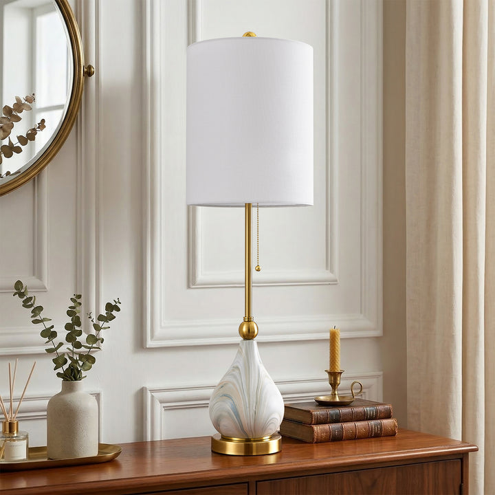 33" Modern Glam Ceramic Table Lamp With Pre-assembled Shade And Pull Chain For Bedroom Living Room #T293