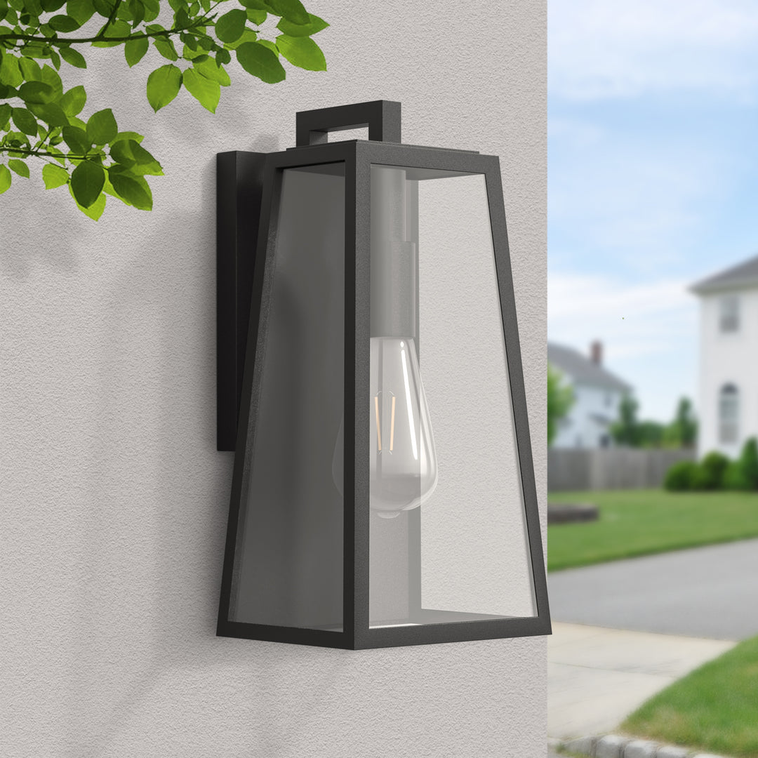 1-Light 14'' Iron And Glass Outdoor Wall Lantern With Dusk To Dawn #7054-1BK