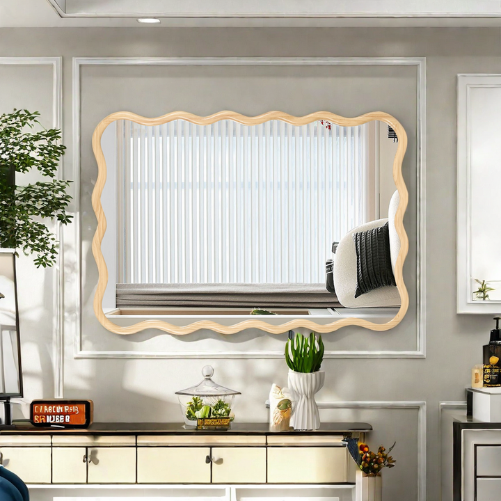 Modern Solid Wood Wavy Rectangle Wall Mirror