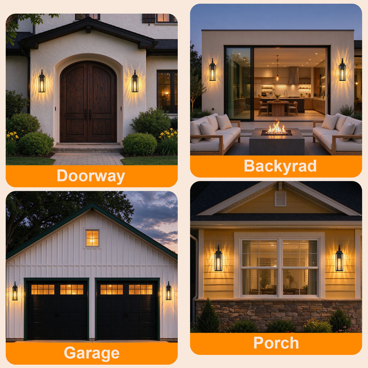 20" Farmhouse Outdoor Wall Sconce, Waterproof Dusk to Dawn Light with Matte Black Frame &amp; Water Ripple Glass 
