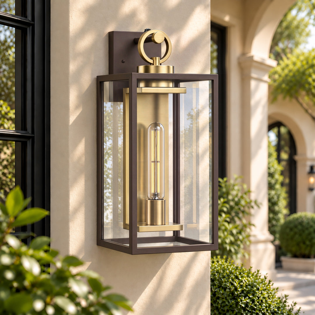 18.11" 1-Light Dusk-to-Dawn Outdoor Wall Sconce, Waterproof Matte Black Lantern with Clear Glass &amp; Brushed Gold Interior 