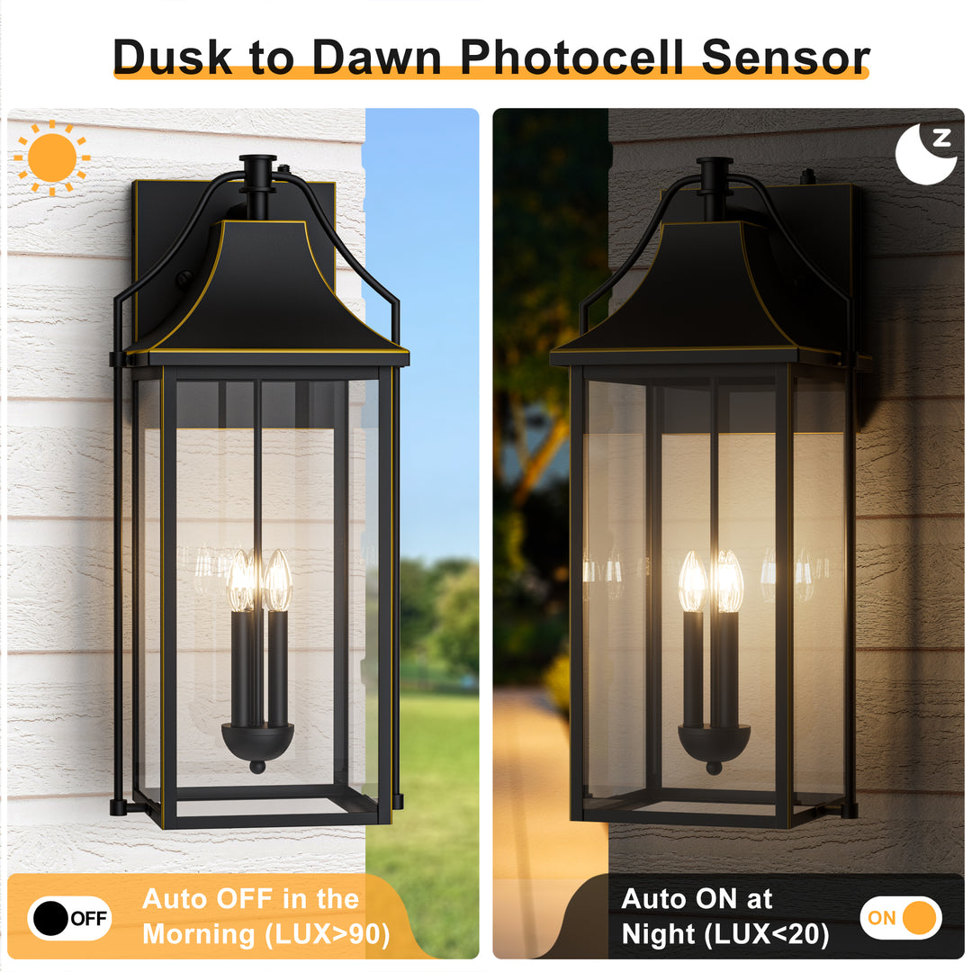 Lawyettle 18" Outdoor Wall Lantern with Dusk to Dawn Sensor, 2-Light Waterproof Brown Wall Sconce with Glass for Porch, Garage, Front Door, Patio #7040