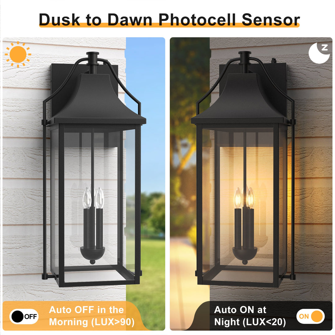 Lawyettle 25" Large Outdoor Wall Lantern, Dusk to Dawn Black 3-Light Sconce with Glass for Front Door, Garage, Porch #7040