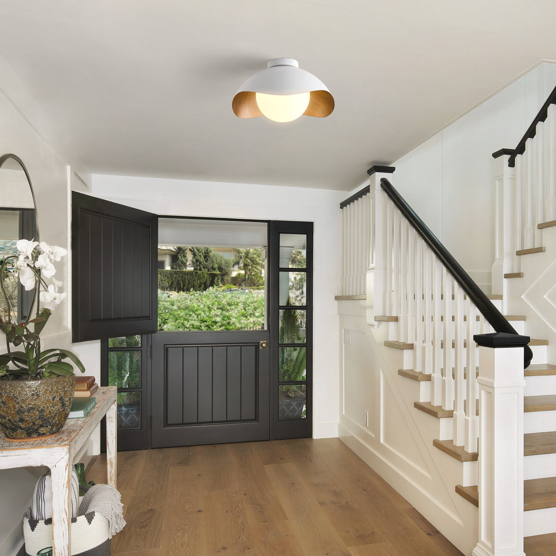 Nimbus 15.5" 1-Light Modern Globe Flush Mount Ceiling Light With Opal Glass, Matte Black/White Exterior & Gold Interior Shell-Style Dimmable Shade For Bedroom Or Hallway #29029