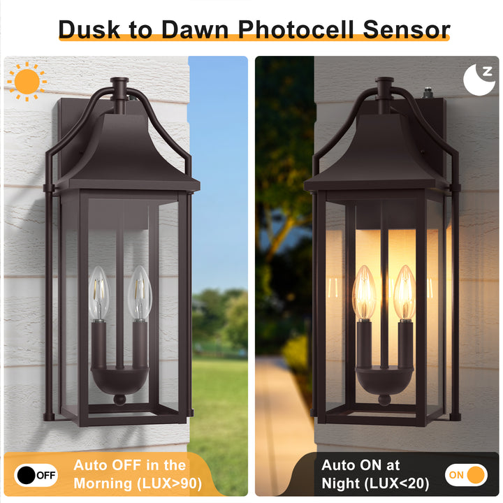 Lawyettle 18" Outdoor Wall Lantern with Dusk to Dawn Sensor, 2-Light Waterproof Brown Wall Sconce with Glass for Porch, Garage, Front Door, Patio #7040