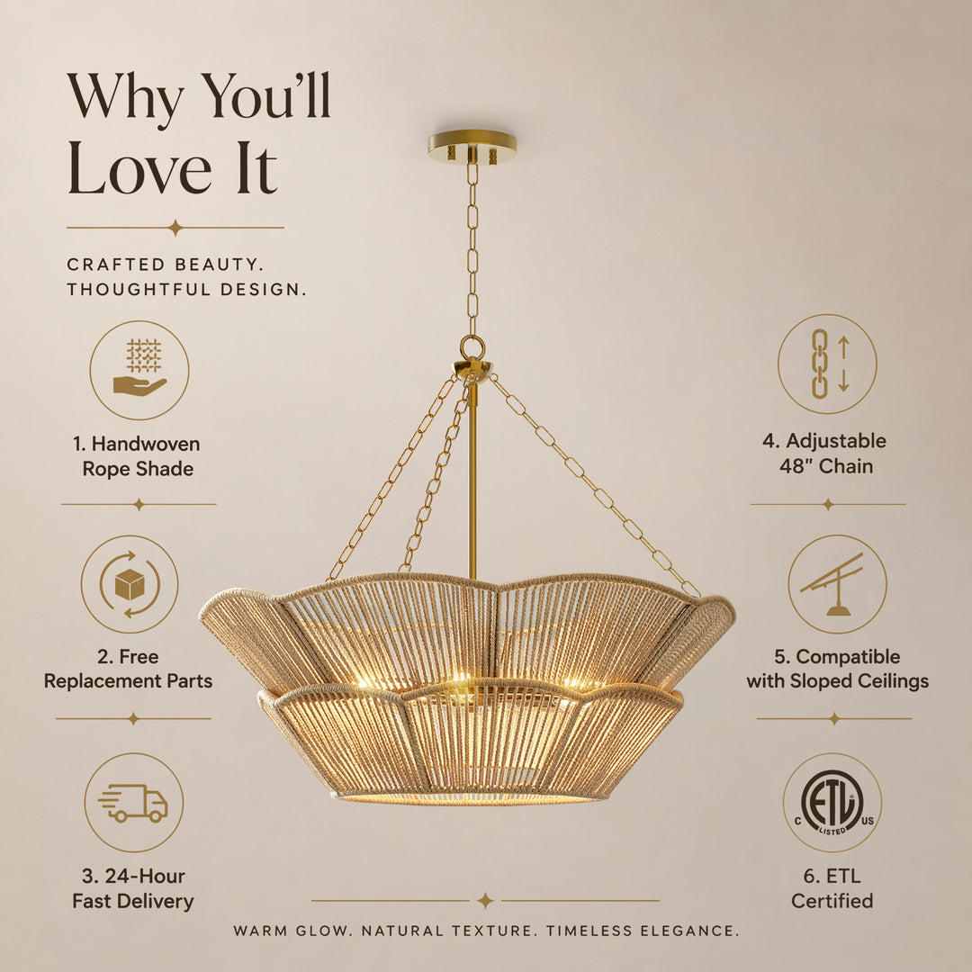 Shine 32" Polished Brass Tiered Drum Chandelier with Hand Woven Rope Shade for Dining Room & Bedroom #48010