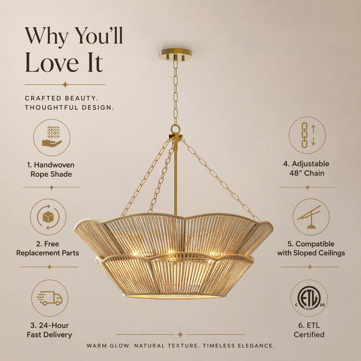 Shine 32" Polished Brass Tiered Drum Chandelier with Hand Woven Rope Shade for Dining Room & Bedroom #48010
