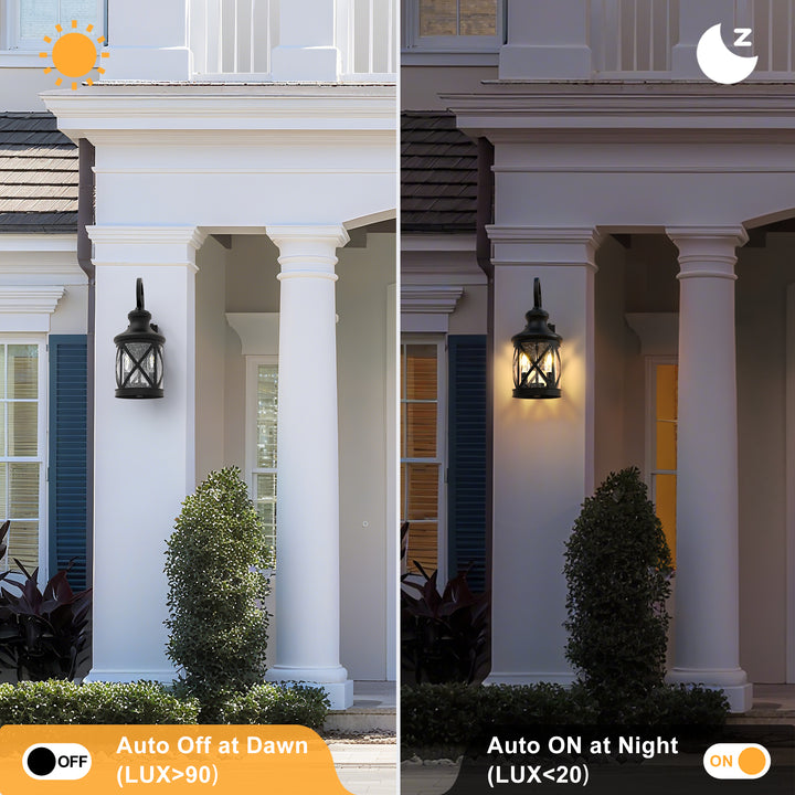 2 - Light 17''H Black Iron and Aluminum Seeded Glass Etl Outdoor Wall Lantern with Dusk to Dawn #7017