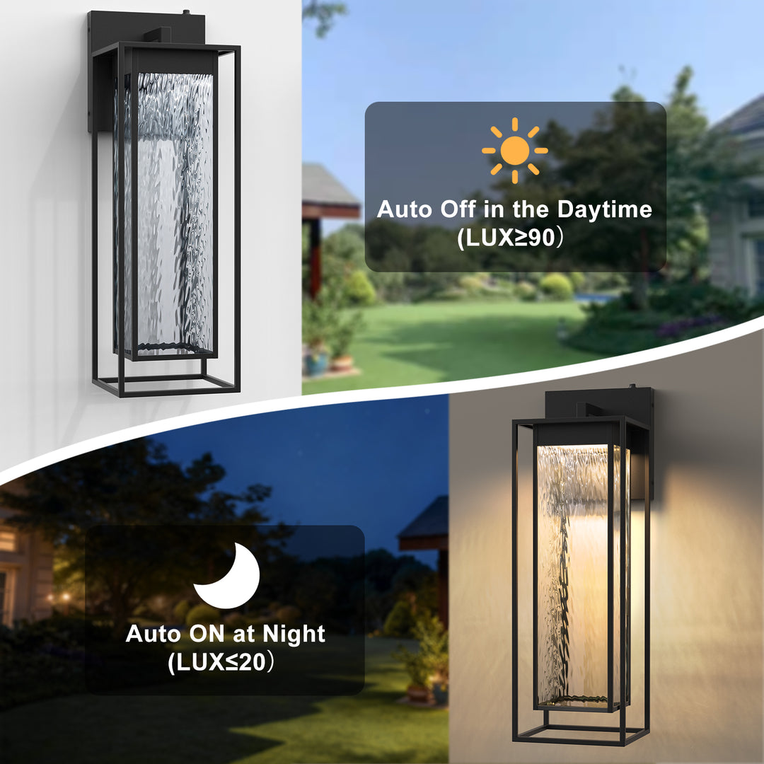 1 - Light 15''H Dimmable Led Black Iron And Water Ripple Glass Outdoor Wall Light With Dusk To Dawn #7061
