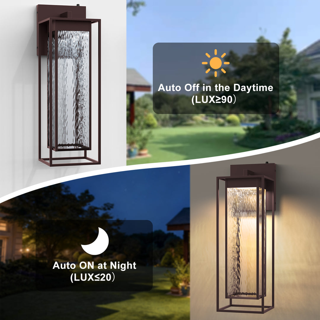 Natura 1 - Light 15''H Dimmable Led Black Iron And Water Ripple Glass Outdoor Wall Light With Dusk To Dawn #7061